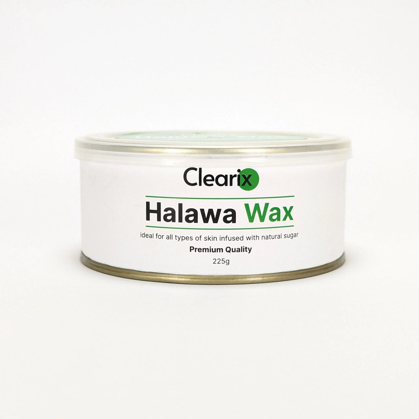 Clearix Halawa Wax hair removal product displayed against a white background. The image features a 225g tin with a sleek white and green design, highlighting its natural sugar-infused formula for all skin types. The packaging emphasizes premium quality and effective hair removal.