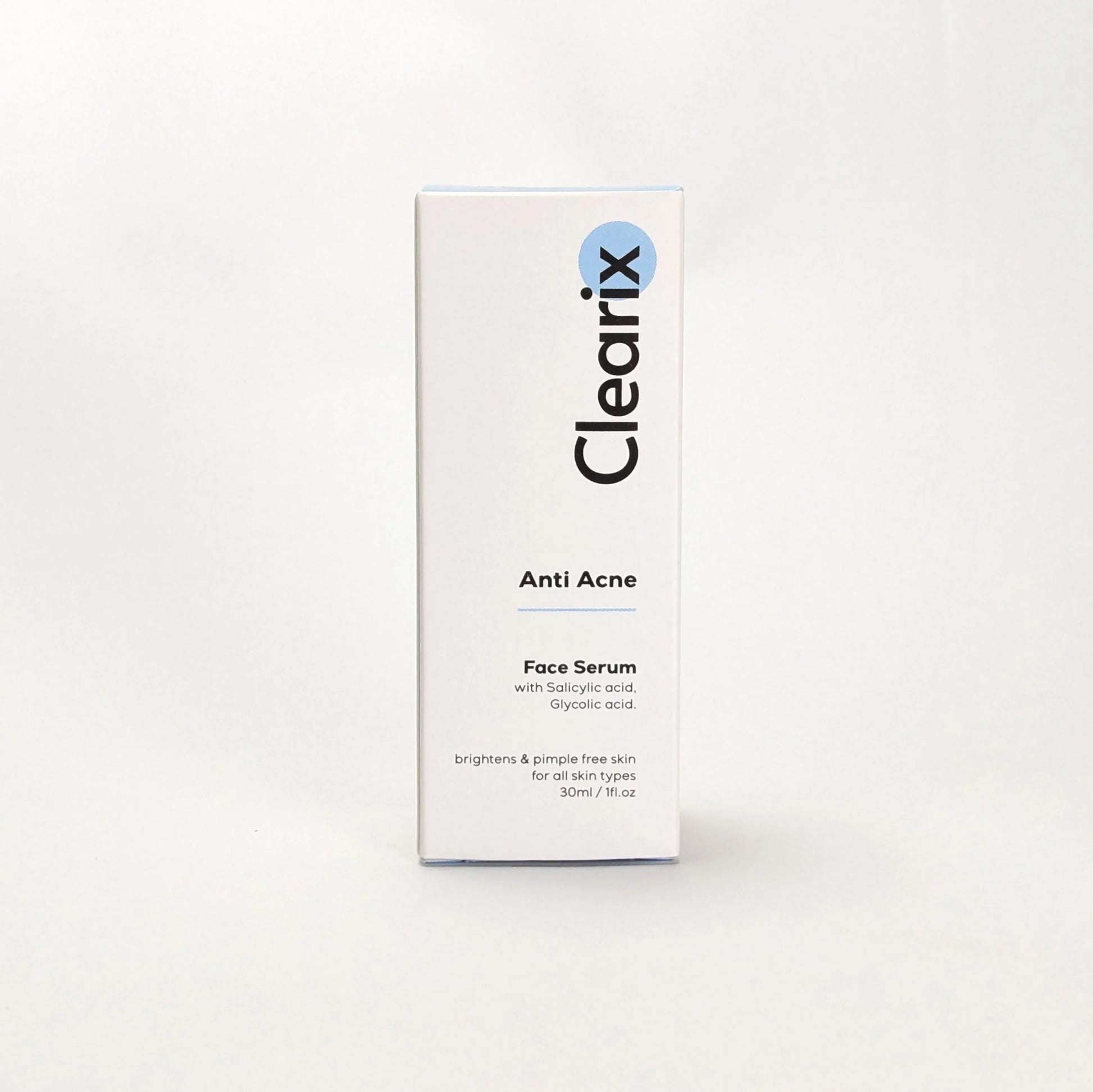 Clearix Anti Acne Face Serum packaging displayed against a white background. The white box features branding with black and blue text. It highlights key ingredients, including salicylic acid and glycolic acid, and emphasizes its benefits for brightening and maintaining pimple-free skin. Suitable for all skin types.