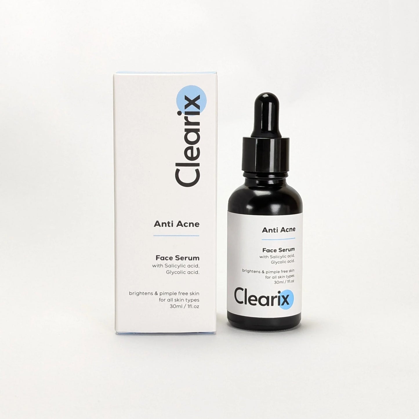 Clearix Anti Acne Face Serum displayed against a white background. The image features a 30ml black dropper bottle alongside its white packaging box. The serum is formulated with salicylic acid and glycolic acid to brighten the skin and help achieve a pimple-free complexion. Suitable for all skin types.