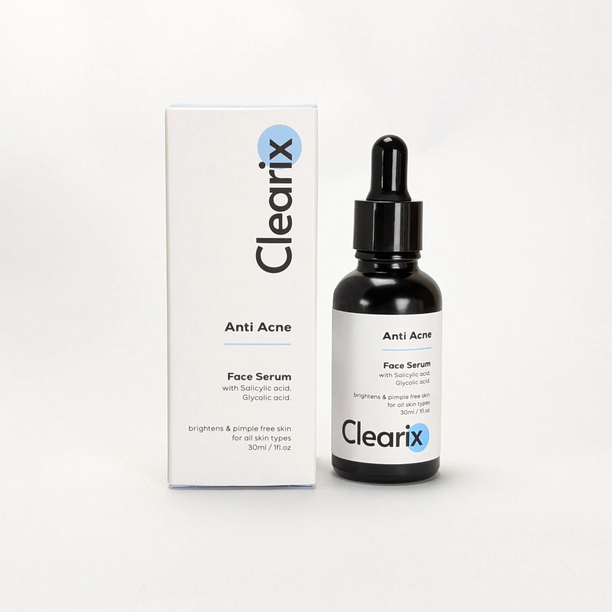 Clearix Anti Acne Face Serum displayed against a white background. The image features a 30ml black dropper bottle alongside its white packaging box. The serum is formulated with salicylic acid and glycolic acid to brighten the skin and help achieve a pimple-free complexion. Suitable for all skin types.
