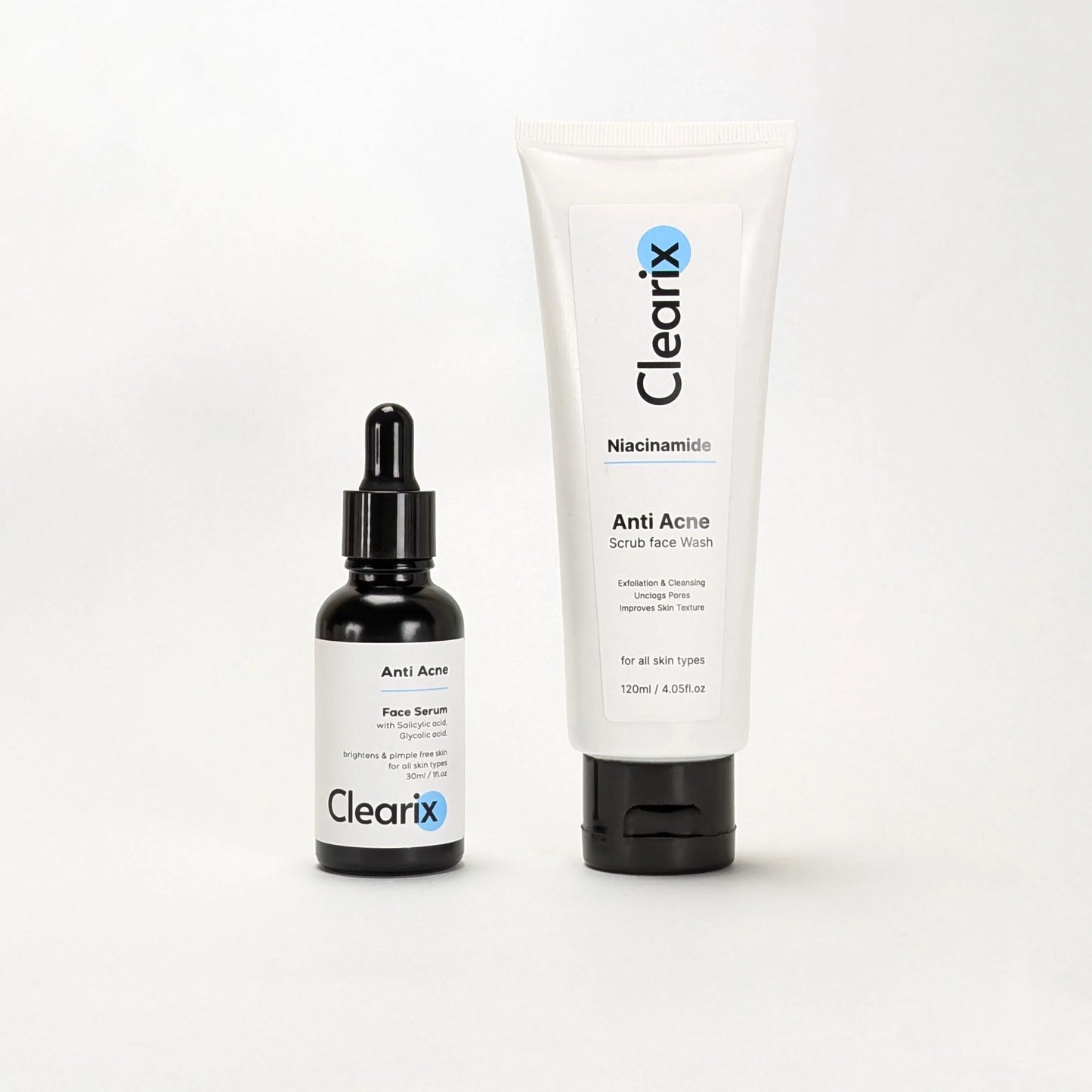 Clearix skincare products displayed against a white background. The image features two items: a Clearix Anti-Acne Face Serum in a black dropper bottle with a white label for brightening and acne treatment, and a Clearix Niacinamide Anti-Acne Scrub Face Wash in a white tube for exfoliation and deep cleansing. Both products are designed to help unclog pores, improve skin texture, and reduce acne.