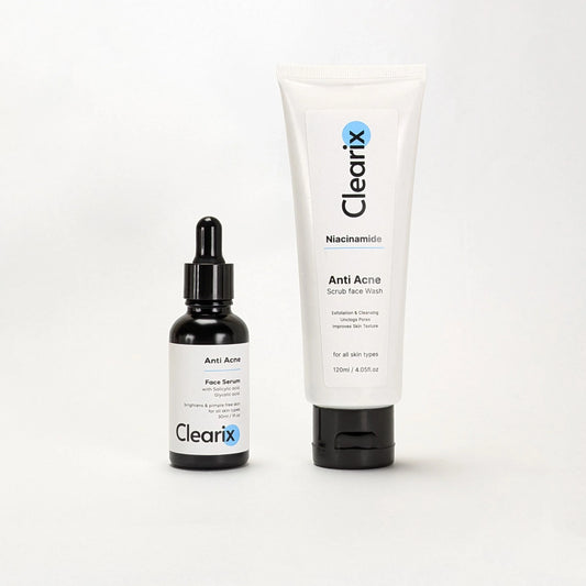 Clearix skincare products displayed against a white background. The image features two items: a Clearix Anti-Acne Face Serum in a black dropper bottle with a white label for brightening and acne treatment, and a Clearix Niacinamide Anti-Acne Scrub Face Wash in a white tube for exfoliation and deep cleansing. Both products are designed to help unclog pores, improve skin texture, and reduce acne.