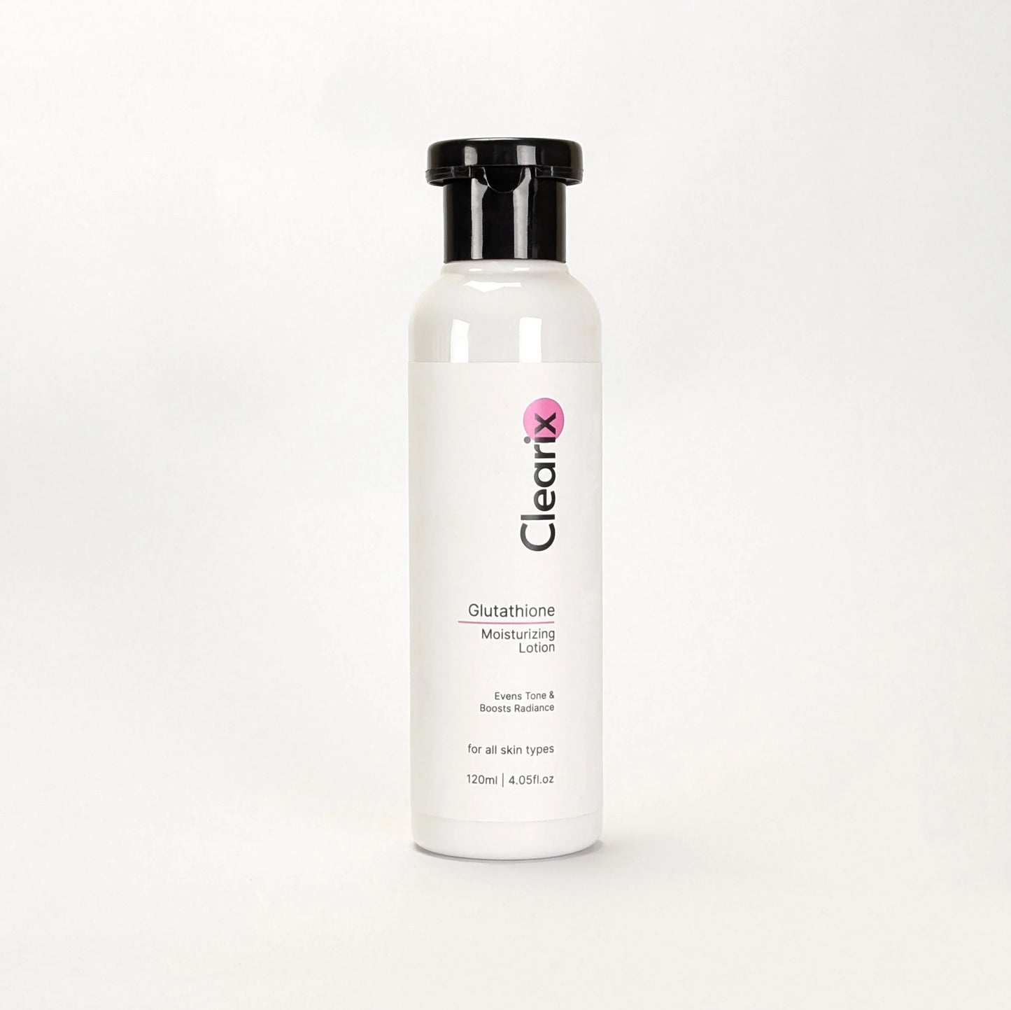 Clearix skincare product displayed against a white background. The image features a Clearix Glutathione Moisturizing Lotion in a sleek white 120ml bottle with a black flip-top cap. Formulated to even skin tone, boost radiance, and provide deep hydration, this lotion is suitable for all skin types.